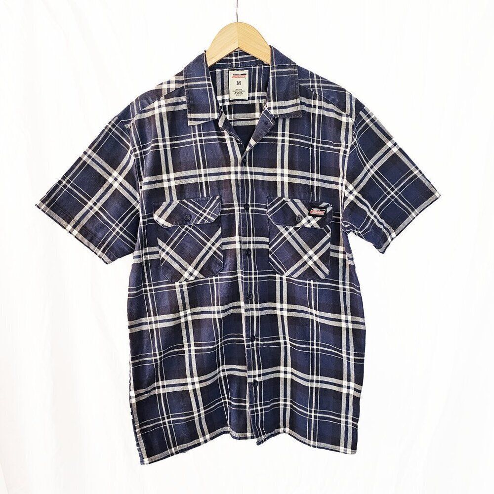 Dickies Medium Blue White Plaid Short Sleeve Men's Button Down